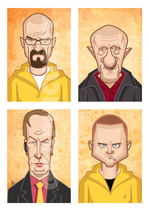 Breaking Bad Poster. Tribute Fan Art in Caricature Style by Prasad Bhat. Image shows vertical block composition of the four lead characters of the show.