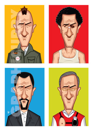 Robert Deniro Poster. Caricature Art by Prasad Bhat. Part of the Evolution Series showing the famous actor in four of his best roles placed in a block composition in vibrant colors.