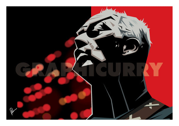 Framed Poster of David Gilmour. Caricature art by Prasad Bhat. Image shows the artist in a performing moment with a angular view of his face. The artwork is predominantly composed with red and black colors.