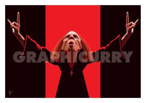 Ronnie Jamse Dio Poster. Artwork by Prasad Bhat. Image shows the art composition which is predominantly in red and black colors.