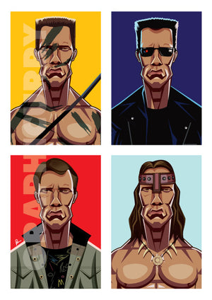Caricature Art Poster of Arnold Schwarznegger. Image shows the colorful composition in blocks with four of his avatars from Terminator 80s, 90s , Conan and Commando.