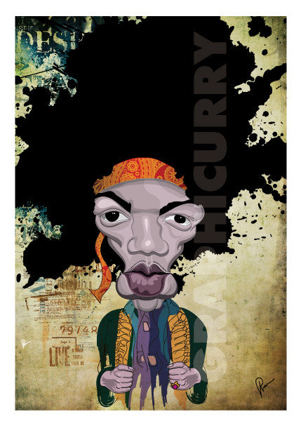 Jimi Hendrix Caricature by Prasad Bhat in a Poster format. The artist stylized this artwork with vibrant composition and an abstract layout.