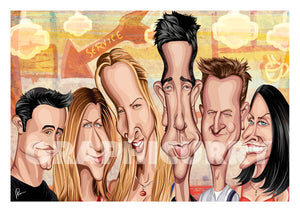 Friends Poster. Caricature Art by Prasad Bhat showing the six friends looking candid in this colorful poster looking straight ahead.