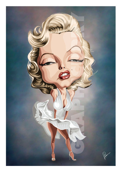 Framed Art Poster of Legendary pose by Marilyn Monroe with her flying skirt. Caricature art by Prasad Bhat.