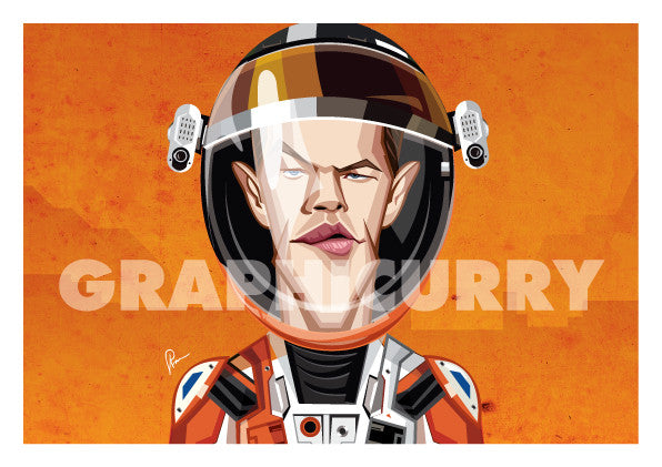Matt Damon in his Caricature Art Form by Prasad Bhat. Image shows framed art poster of Martian avatar by Matt looking straight forward with his sleek eyes . He is wearing the astronaut's suit and helmet against a predominantly orange background.