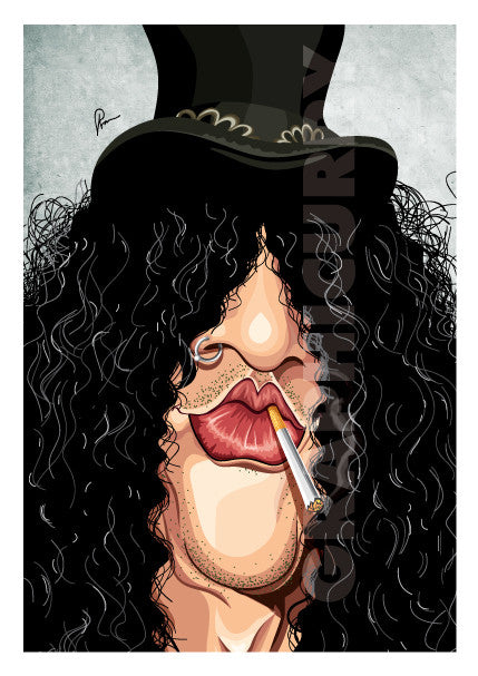 Framed Caricature Art Poster of Slash. Image shows him only part of his face with exaggerated impression of his hair covering most of his face. He is wearing a nose ring and has a cigarette hanging off his lips