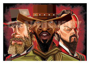 Close up of Django Tribute Wall Art by Graphicurry. Image shows all three lead actors, Jamie, Leonardo and Christoph in head to torso Vector style Caricature Illustration.