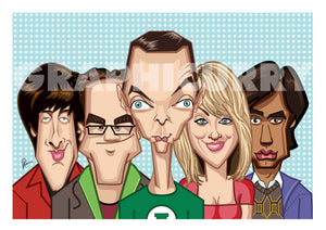The tribute caricature artwork of Big Bang Theory in Vector Style Illustration by Prasad Bhat. The image shows the five lead characters.