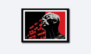 Framed Poster of David Gilmour. Caricature art by Prasad Bhat. Image shows the artist in a performing moment with a angular view of his face. The artwork is predominantly composed with red and black colors.