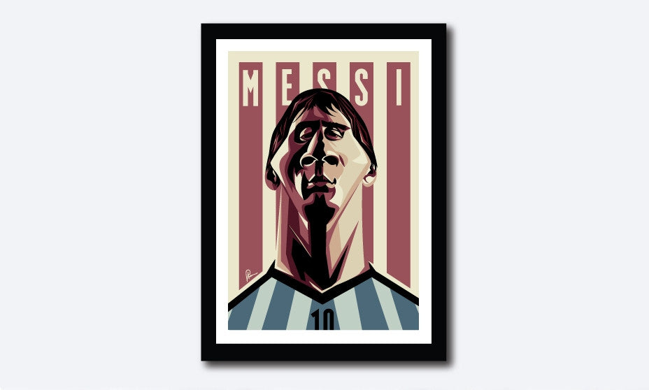 Framed Caricature Art Poster of Messi by Prasad Bhat. Argentine Footballer looking forward with his determined eyes and his football jersey against the backdrop of rugged lines and his name etched on them.