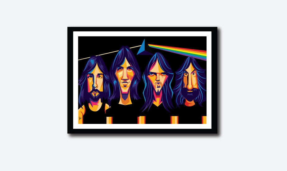 Framed Poster of Pink Floyd. Caricature art by Prasad Bhat. Image shows the four band members looking straight ahead in a black prismatic backdrop with psychedelic colors.