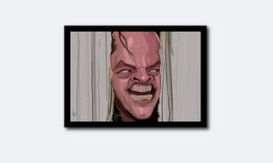 Framed Caricature Art Poster of famous scene from movie "Shining" . Jack Nicholson popping his head out of the axed door creepily saying "Here's Johnny"