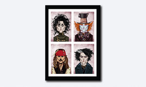 Framed Visual of Poster showing Johnny Depp in his eccentric characters in 'Alice In The Wonderland', 'Edward Scissor Hands', 'Sweeney Todd', 'Pirates Of The Caribbean' and 'Charlie And The Chocolate Factory'. Art by Prasad Bhat