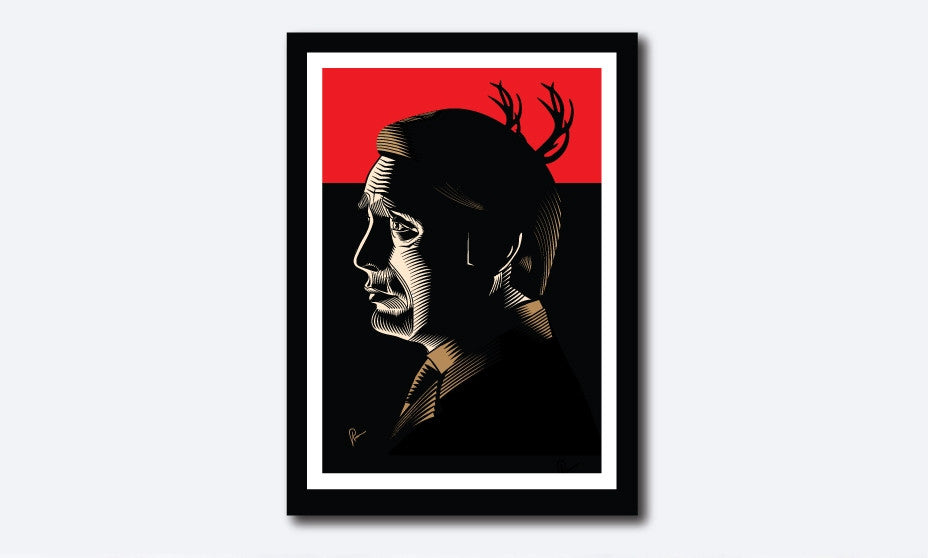 Framed Poster of Hannibal. Caricature Vector art by Prasad Bhat as a tribute to thrilling television series. The image shows the lead actor in his side profile against a predominantly red and black background.
