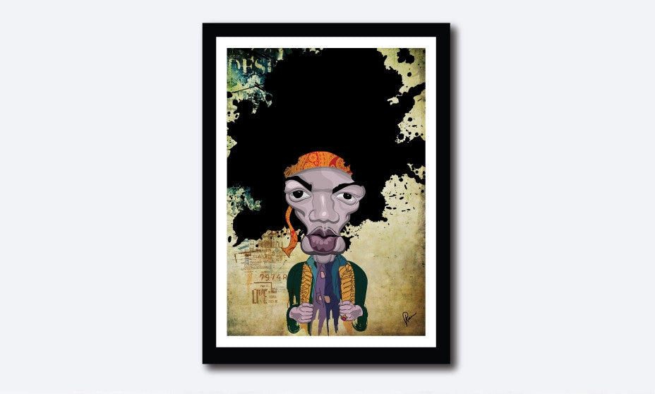 Jimi Hendrix Caricature by Prasad Bhat in a framed Poster. The artist stylized this artwork with vibrant composition and an abstract layout.