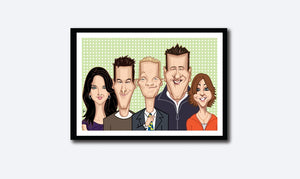 Framed How I Met Your Mother poster.Caricature art tribute by Prasad Bhat. Image shows the five lead characters looking straight forward with their usual candid smiles. Barney is adjusting his yellow duck tie.