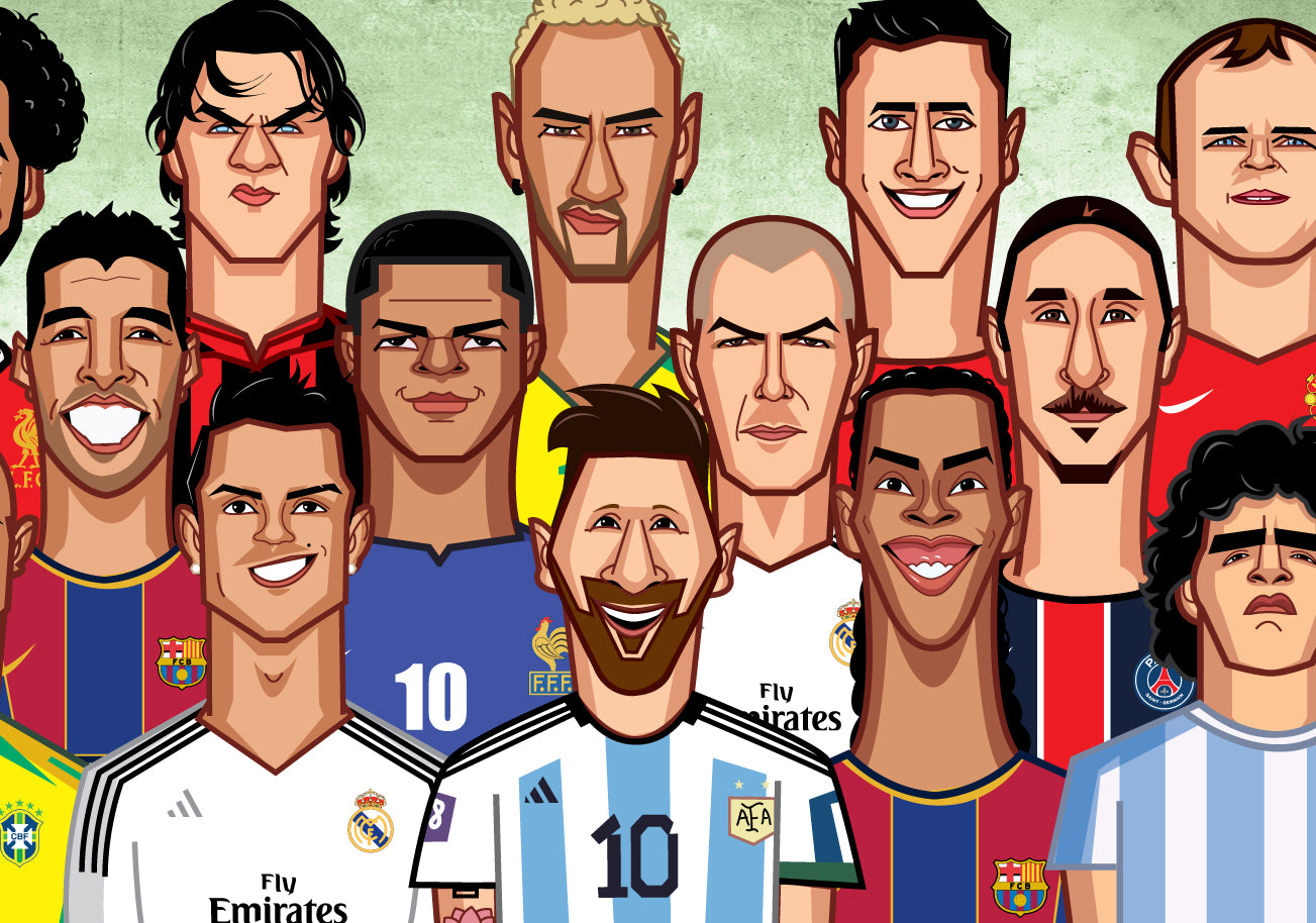 Football fan wall art featuring greatest players illustrated in mugshot style