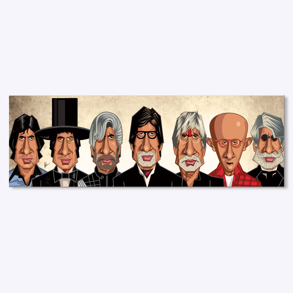 Artwork featuring Amitabh Bachchan in some of his most legendary roles — from Vijay in Deewar and Zanjeer, to Don, Agneepath, and Piku — capturing his commanding presence, versatility, and enduring impact on Indian cinema