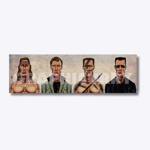 Artwork featuring Arnold Schwarzenegger in four of his most iconic roles – the Terminator, Dutch from Predator, Douglas Quaid from Total Recall, and Conan the Barbarian – capturing his legendary presence across action cinema