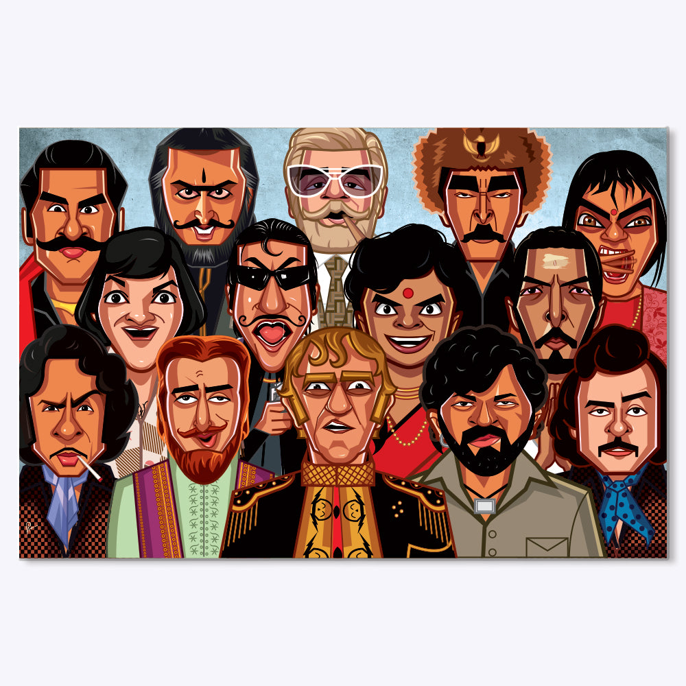 Artwork featuring legendary Bollywood villains such as Gabbar Singh, Mogambo, Kancha Cheena, Langda Tyagi, and Crime Master Gogo — capturing the drama, menace, and unforgettable personas that defined generations of cinematic evil.