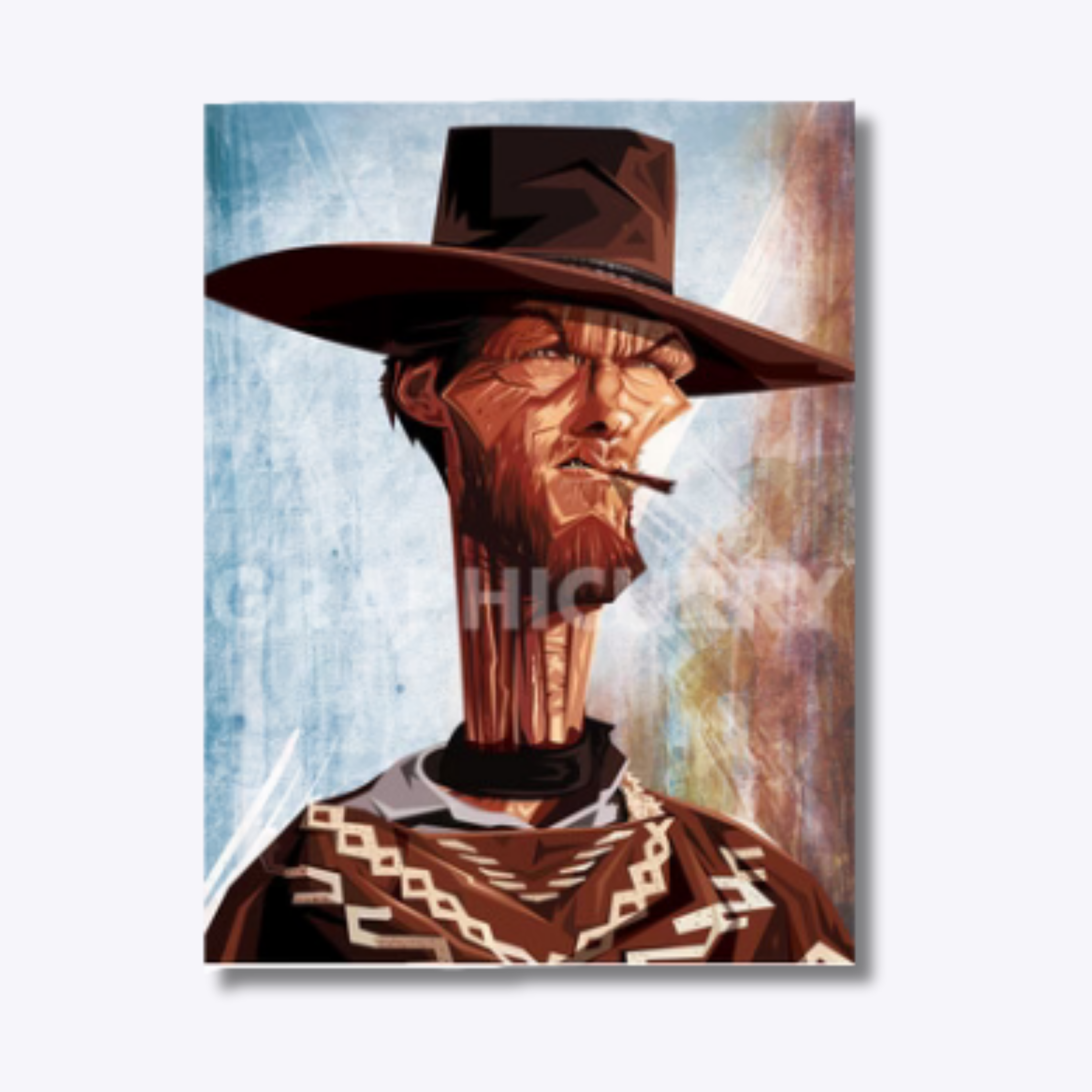 Clint Eastwood artwork featuring a classic digital illustration of the legendary actor and filmmaker, capturing his rugged persona and enduring legacy in Western films.