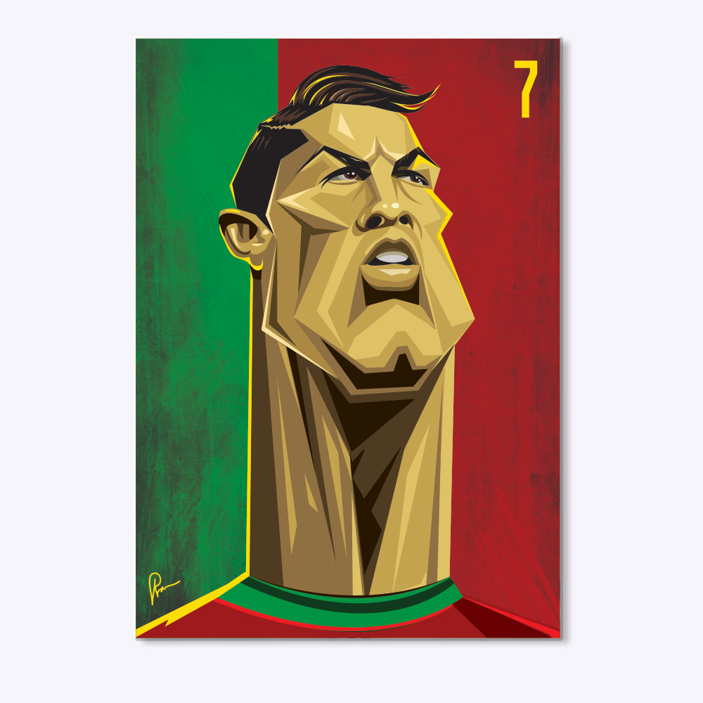 Artwork featuring Cristiano Ronaldo in his signature goal-scoring stance, capturing his athleticism, determination, and legacy as one of the greatest footballers of all time.