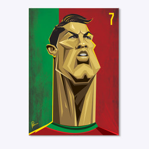 Artwork featuring Cristiano Ronaldo in his signature goal-scoring stance, capturing his athleticism, determination, and legacy as one of the greatest footballers of all time.