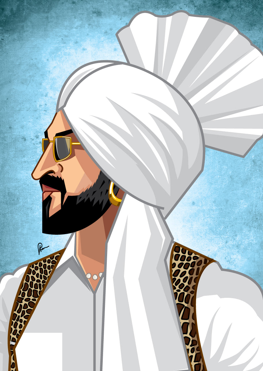 Diljit Dosanjh caricature featuring the Punjabi superstar in a lively and colorful digital illustration, capturing his signature swag and musical charisma.