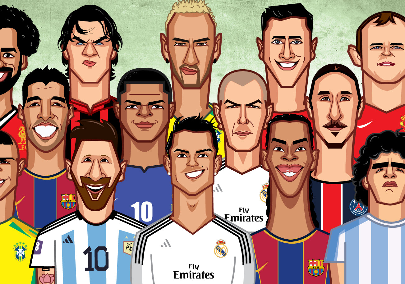 Football legends caricature featuring Cristiano Ronaldo, Lionel Messi, Diego Maradona, and Pelé in a dynamic digital illustration.