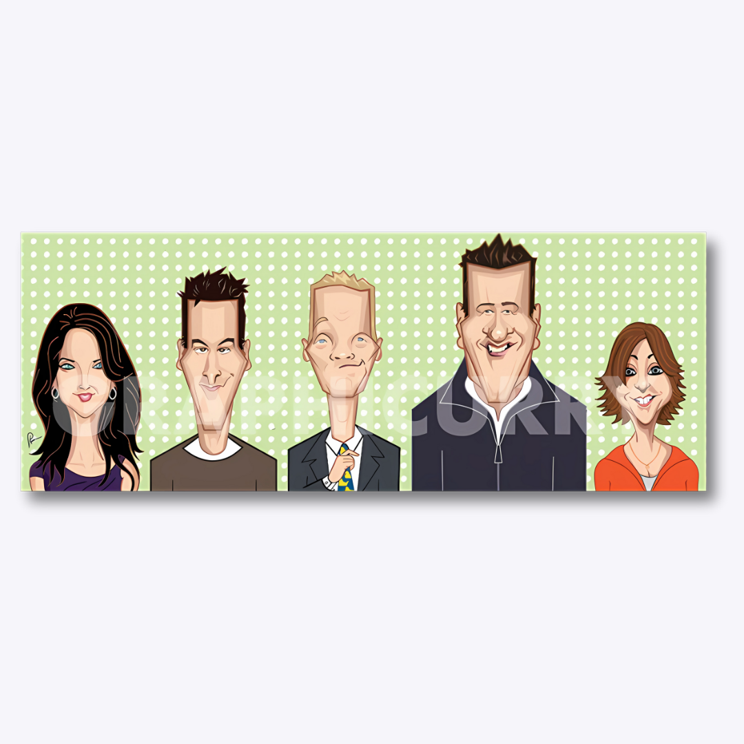 Artwork featuring the main characters from How I Met Your Mother — Ted, Robin, Marshall, Lily, and Barney — capturing their unique personalities and the unforgettable moments that made the sitcom a modern classic.