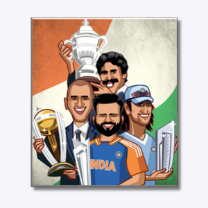 Illustration featuring Indian cricket legends Kapil Dev, MS Dhoni, and Rohit Sharma — the captains who led India to World Cup victories — showcasing their leadership, legacy, and pride in the Men in Blue.