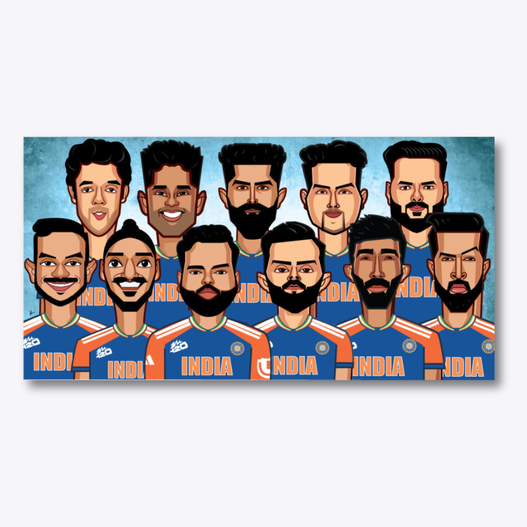 Illustration of the Indian cricket team, showcasing key players in the iconic blue jersey, celebrating their unity, spirit, and legendary presence in international cricket.