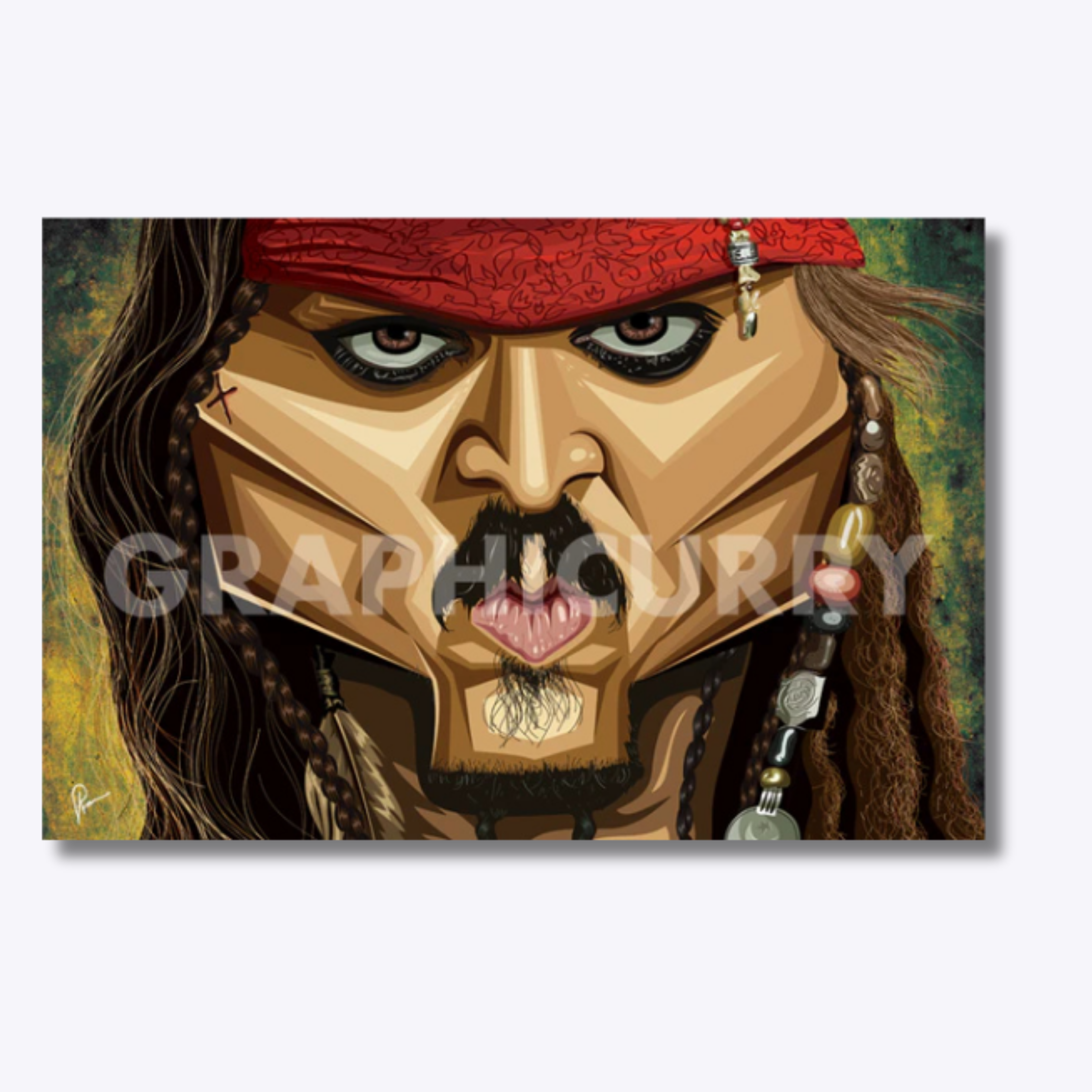 Johnny Depp as Captain Jack Sparrow, featuring his signature smirk, beaded hair, and pirate attire, capturing the charm and mischief of the Pirates of the Caribbean legend.