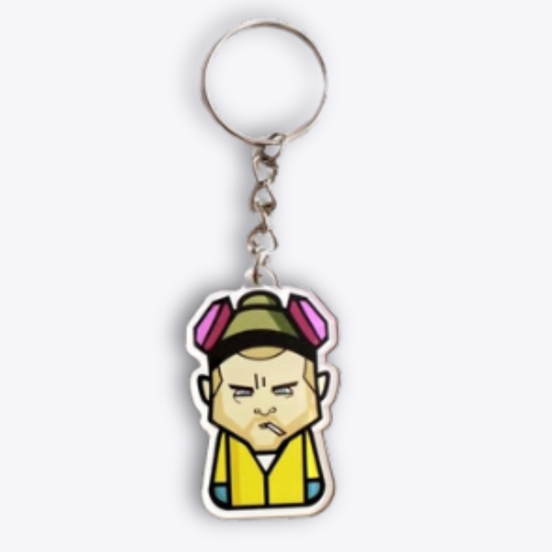 Jesse Pinkman keychain featuring a detailed caricature of the Breaking Bad character, designed as a unique collectible for fans of the series