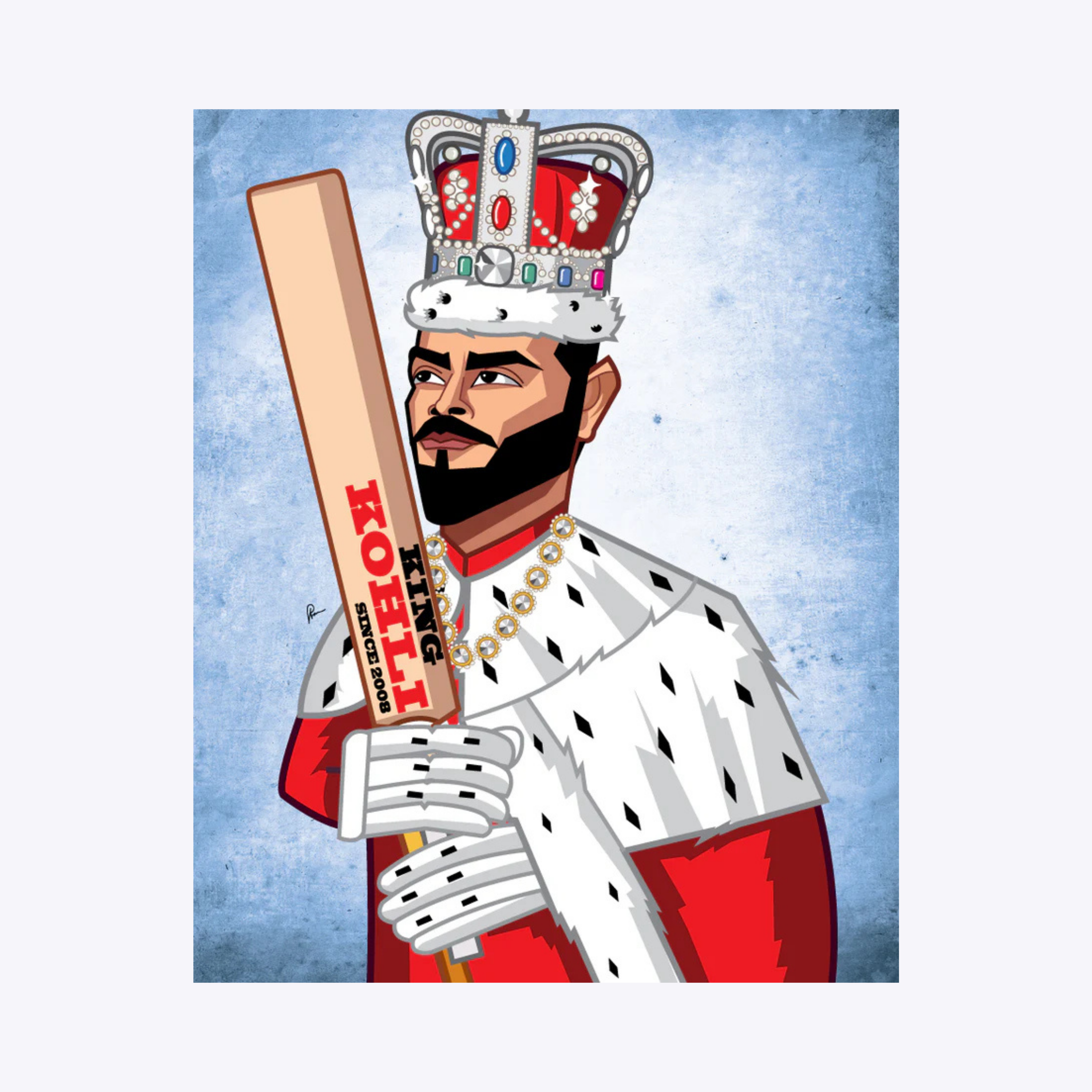 Virat Kohli caricature, celebrating the cricket legend in a bold and energetic digital illustration, capturing his fierce passion and match-winning charisma