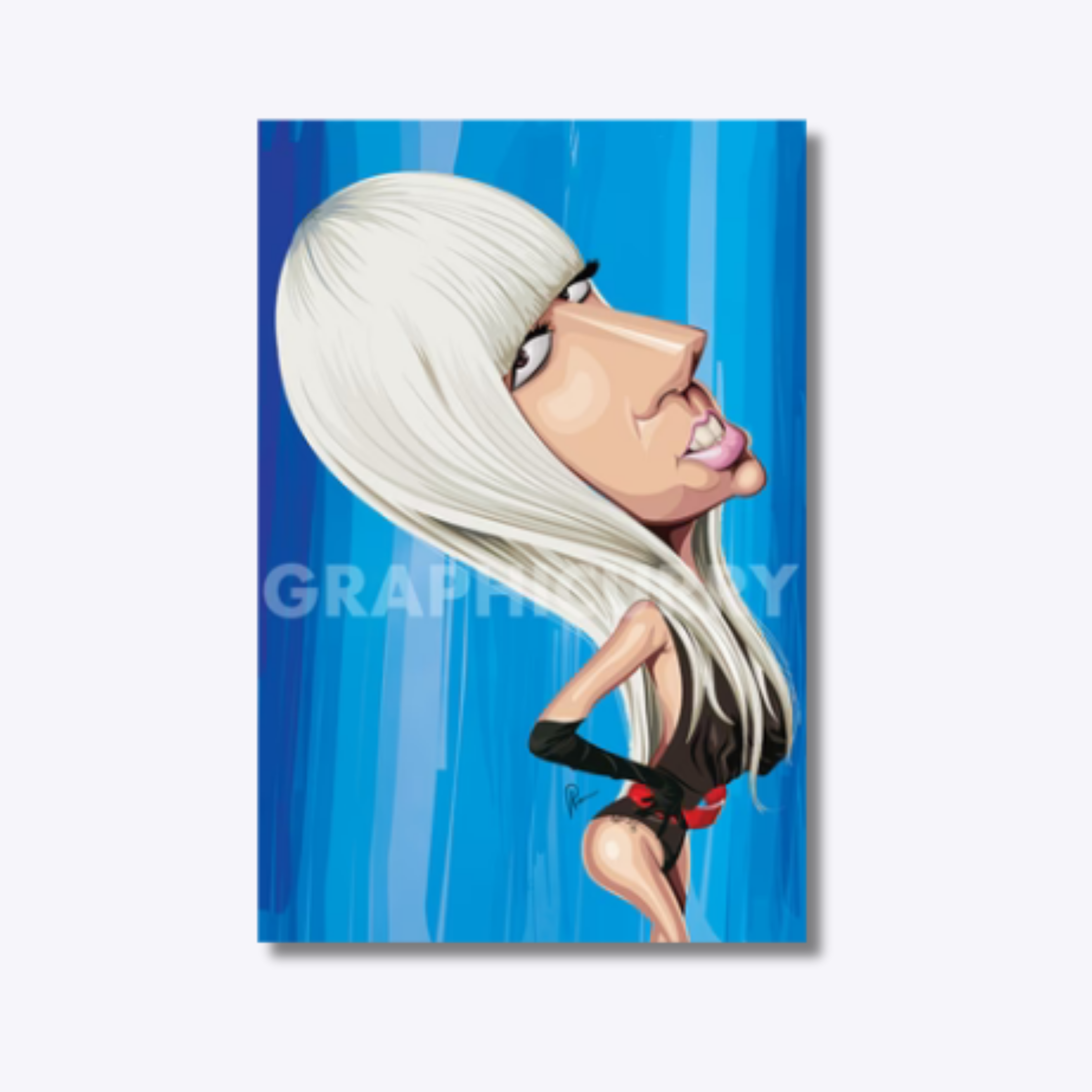 Lady Gaga caricature in a bold and extravagant digital illustration, capturing her theatrical style, music genius, and fearless creativity.