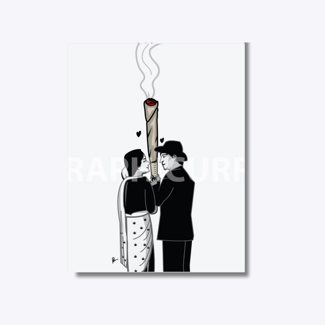 Love 420 caricature featuring Rajkumar in a fun and playful digital illustration, reimagining his classic pose with a joint instead of an umbrella, adding a humorous Bollywood twist.