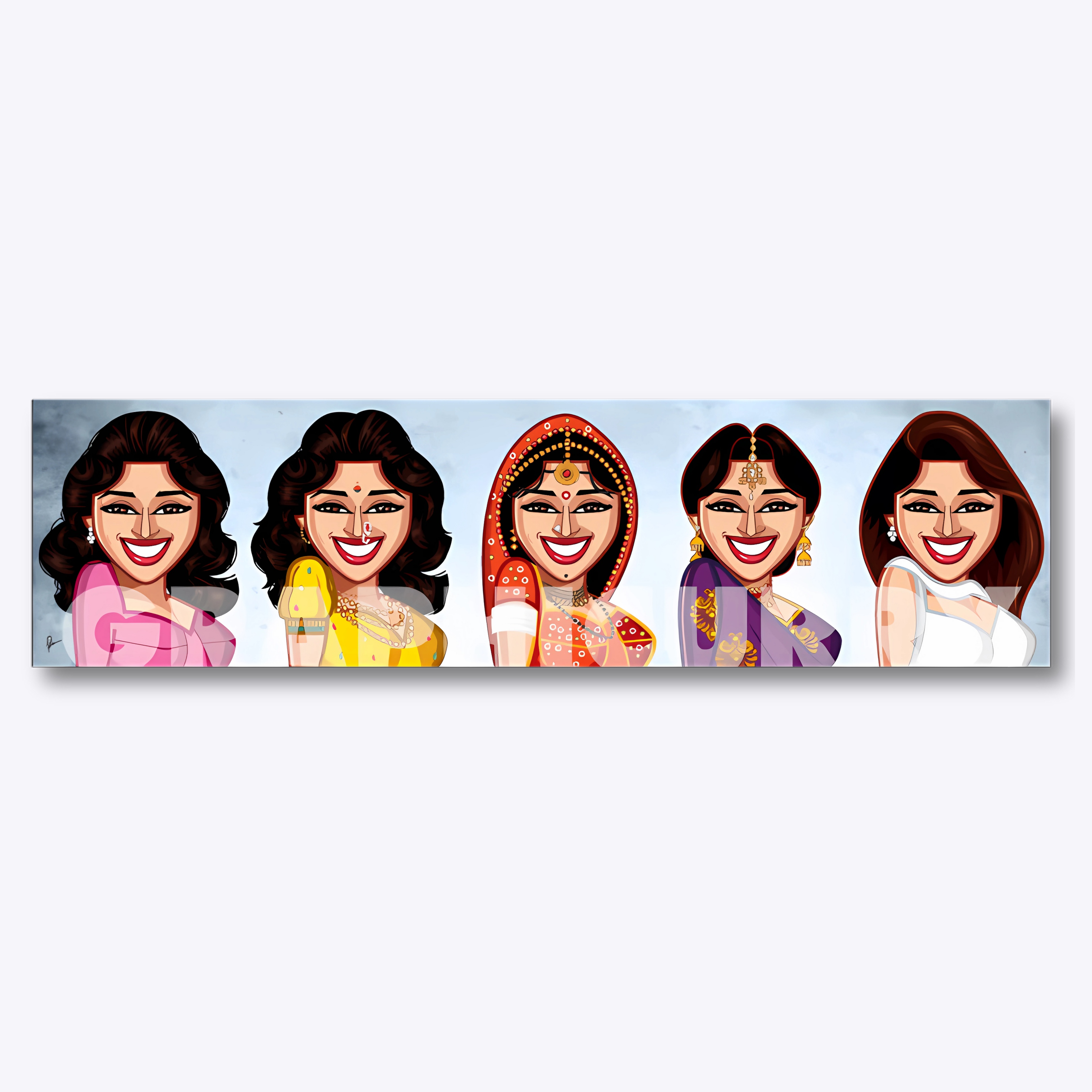 Artwork celebrating Madhuri Dixit in five of her most iconic roles — including her unforgettable appearances in Hum Aapke Hain Koun, Devdas, Tezaab, Dil To Pagal Hai, and Khalnayak — capturing her grace, versatility, and timeless presence in Indian cinema.