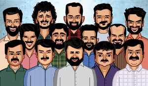 Malayalam cinema legends wall art featuring iconic Mollywood actors in vibrant pop art caricature style by Graphicurry