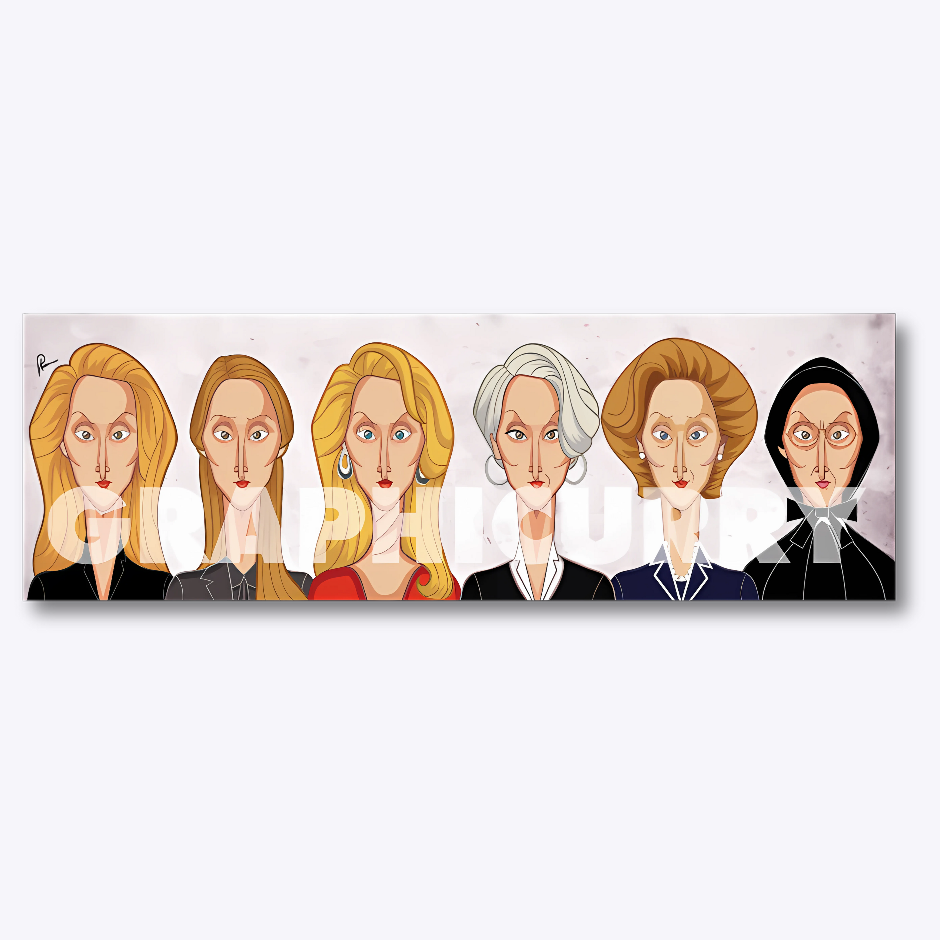 Portrait of Meryl Streep featuring a tribute to her most iconic roles — from The Devil Wears Prada and Sophie’s Choice to Mamma Mia! — capturing her unmatched versatility and powerful screen presence.
