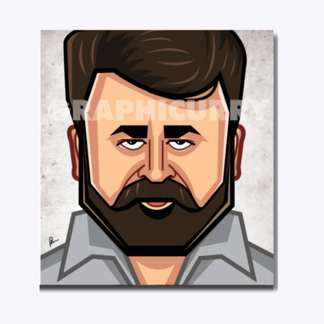 Mohanlal caricature featuring the legendary Malayalam actor in a playful yet iconic digital illustration, celebrating his immense contribution to Indian cinema.