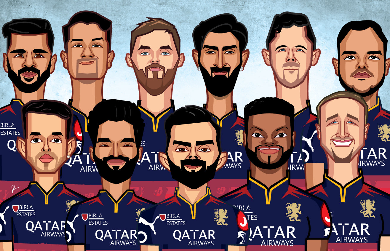 Royal Challengers Bangalore 2025 champions squad caricature wall art limited signed edition
