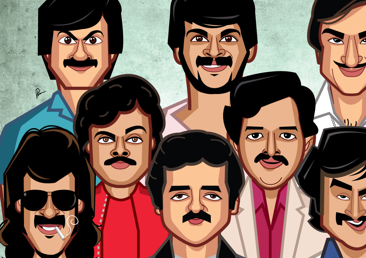 South Indian cinema icons mugshot style art by Graphicurry