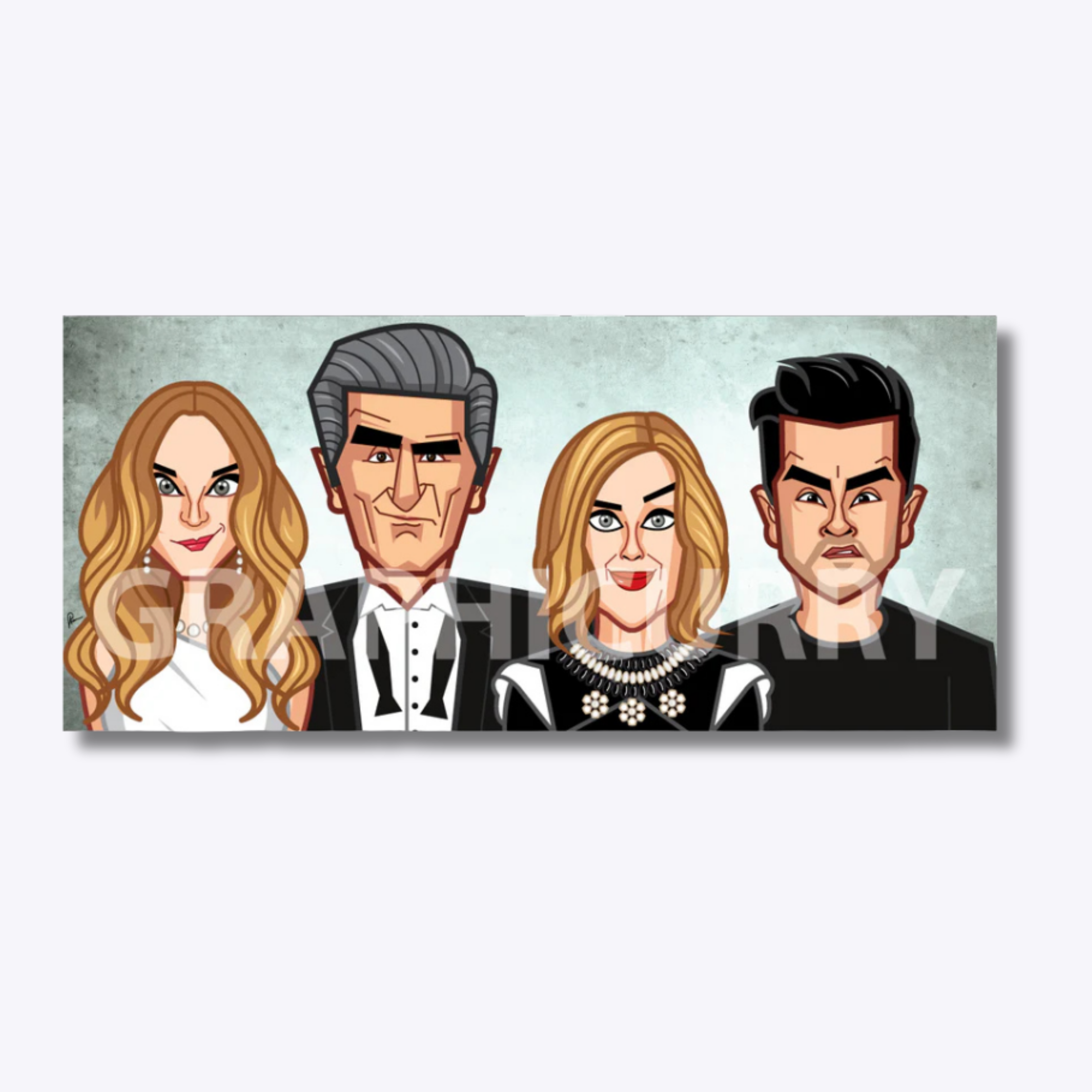 Schitt’s Creek artwork featuring a stylized digital illustration of the beloved characters, including Johnny, Moira, David, and Alexis Rose, capturing their quirky personalities and comedic charm.