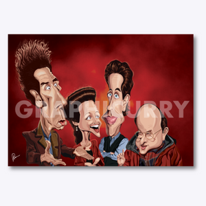Seinfeld artwork featuring a stylized digital illustration of the beloved cast, including Jerry Seinfeld, George Costanza, Elaine Benes, and Cosmo Kramer, capturing the humor and essence of the classic sitcom.