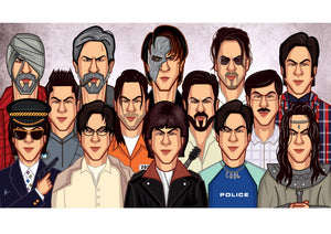 Shah Rukh Khan King Evolution caricature wall art featuring iconic Bollywood roles