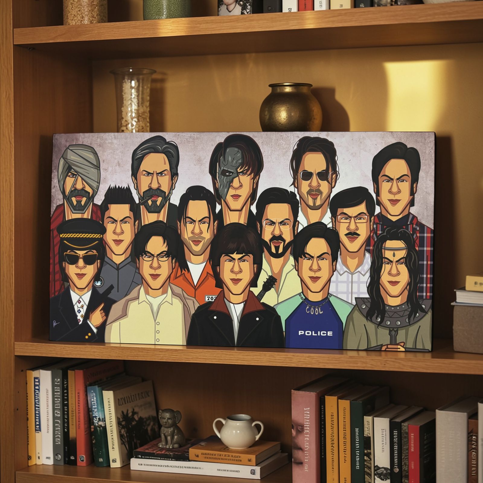 SRK evolution wall art tribute showing multiple iconic avatars in caricature style