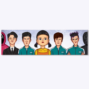 Squid Game caricature featuring Seong Gi-hun, Kang Sae-byeok, Cho Sang-woo, and the Front Man in a humorous digital illustration