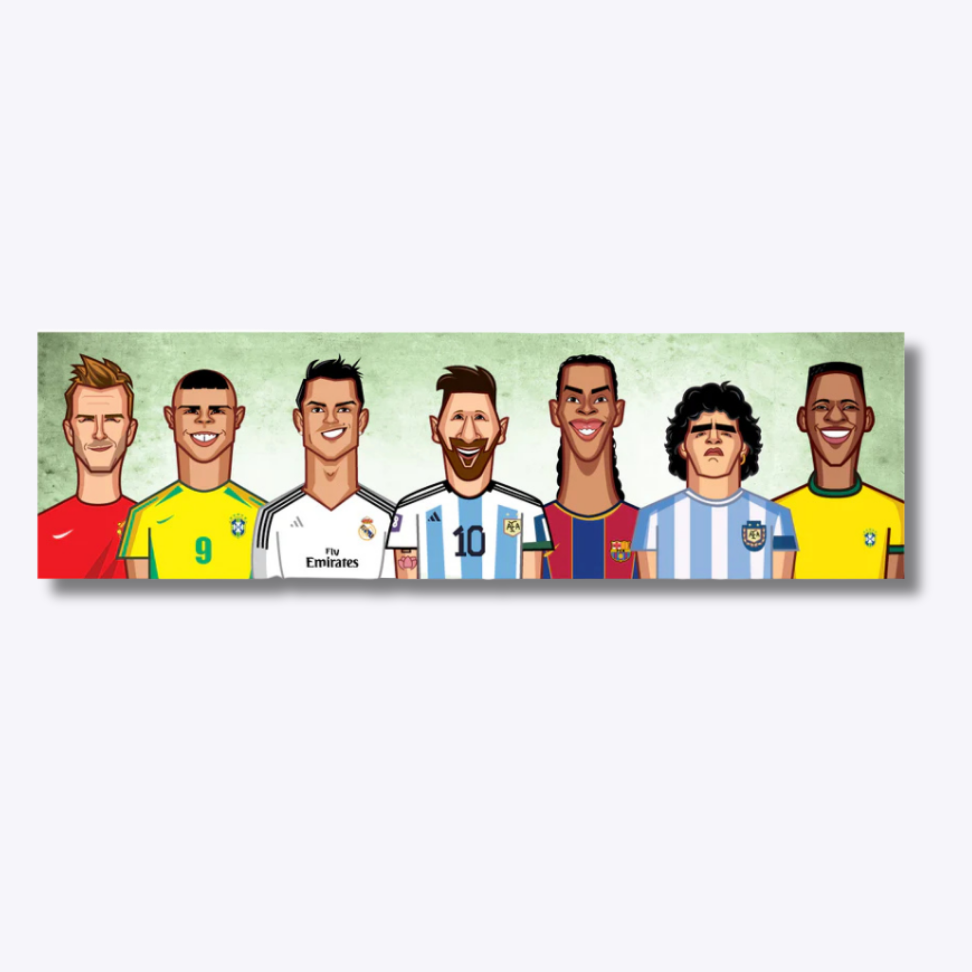 Football legends wall art featuring seven of the greatest players in history, including David Beckham, Cristiano Ronaldo, Lionel Messi, Diego Maradona, and other football icons in a striking digital illustration celebrating their legacy in the sport