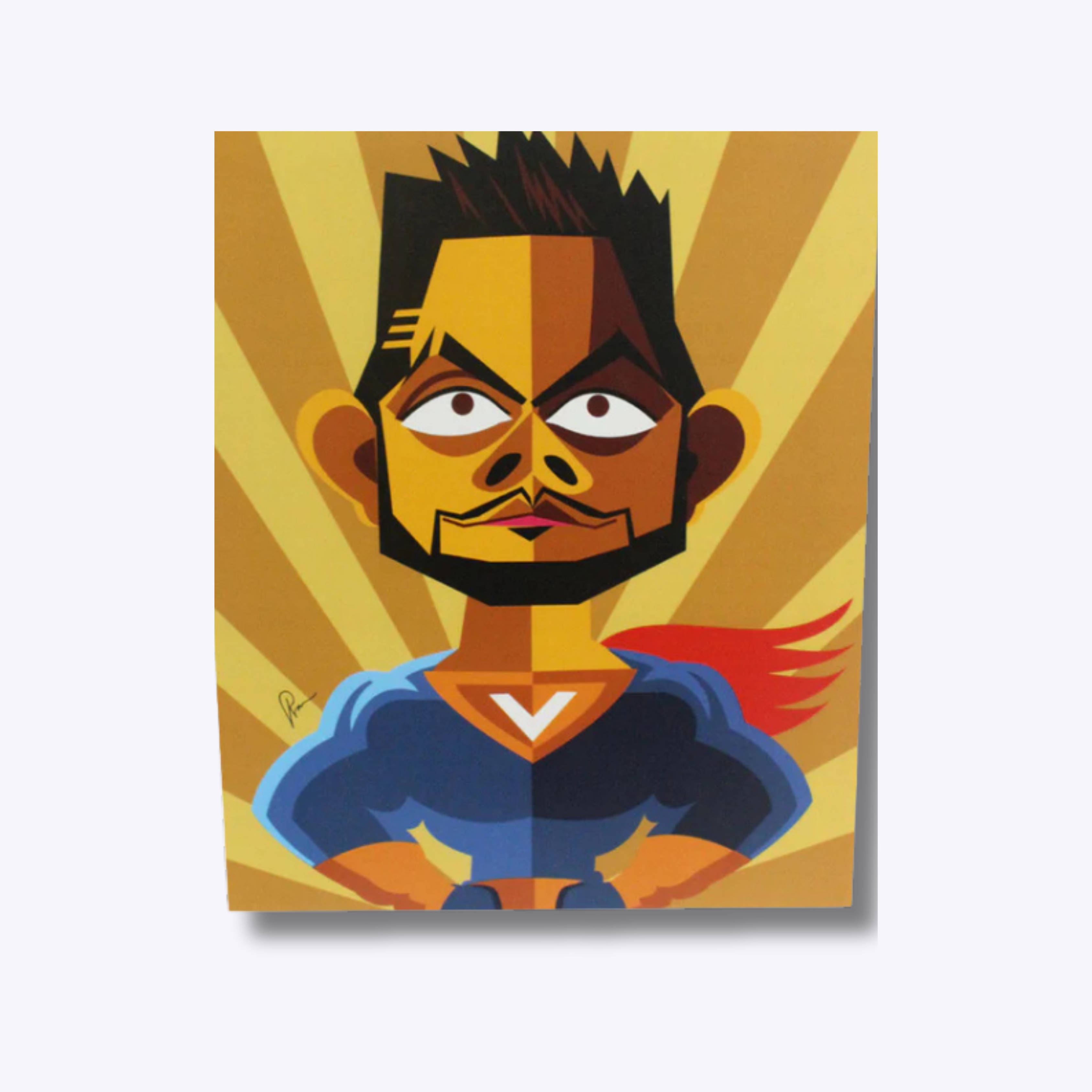 Virat Kohli artwork reimagining the cricket legend as Superman in a dynamic digital illustration, symbolizing his strength, determination, and dominance on the field.